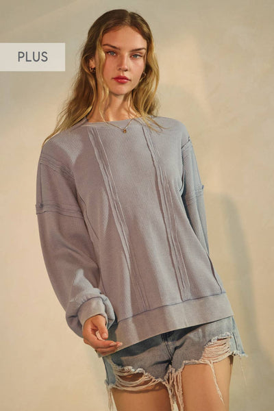 Oddi - Plus Acid Washed Thermal Textured Pullover: Washed Blue / Plus Size / 3XL