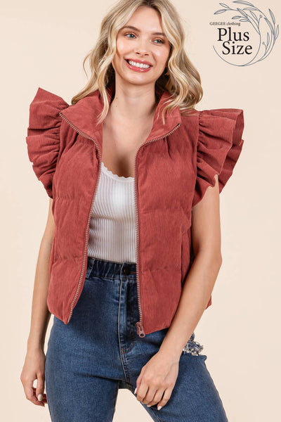GeeGee Clothing - Plus Corduroy Ruffled Sleeve Puffer Vest, MJ50697PL: Cream / 3XL
