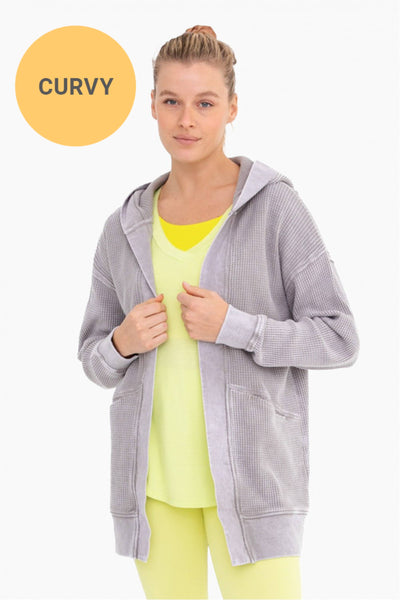 Mono B - CURVY Waffle Knit Mineral-Washed Cardigan: BLACK / 1XL:2XL:3XL (2:2:2)