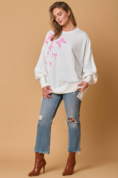 Fantastic Fawn - Bows Sequins Embroidery Long Sleeve Top