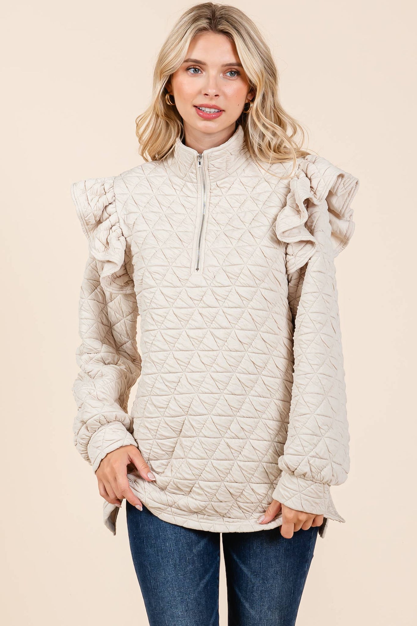 GeeGee Clothing - Plus Quilted Half-Zip Pullover Top, MT50766PL: Cream / 3XL
