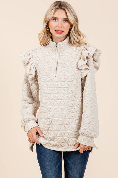 GeeGee Clothing - Plus Quilted Half-Zip Pullover Top, MT50766PL: Cream / 3XL