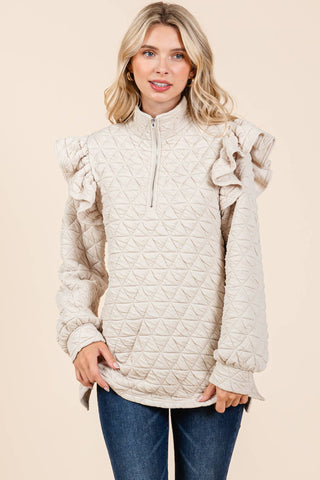 GeeGee Clothing - Plus Quilted Half-Zip Pullover Top, MT50766PL: Cream / 3XL