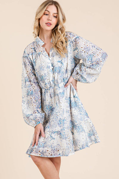 GeeGee Clothing - Floral Eyelet Lace Mini Shirt Dress, OD50845: Blue Multi / M
