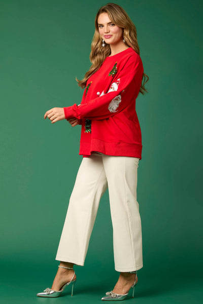 Fantastic Fawn - Santa & Xmas Tree Sequin Pull Over - Preorders: RED / S