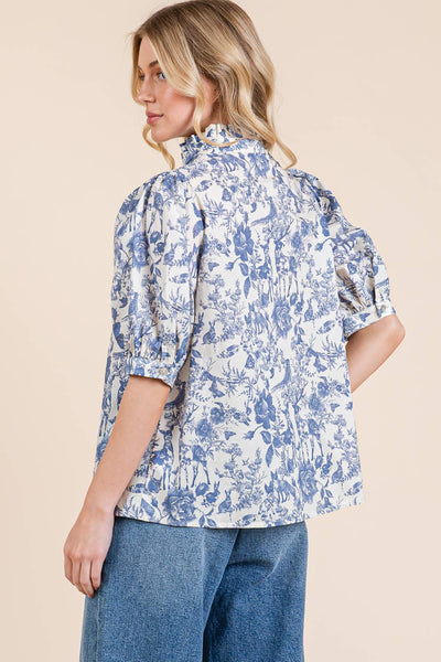 GeeGee Clothing - Nature Half Button-Up Blouse, MT51612: Cream/Blue / L