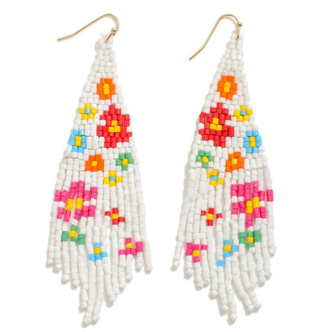 Seed Beaded Flower Tassel Drop Earrings