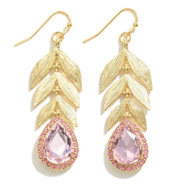 Gold Leaf Earrings with Rhinestones