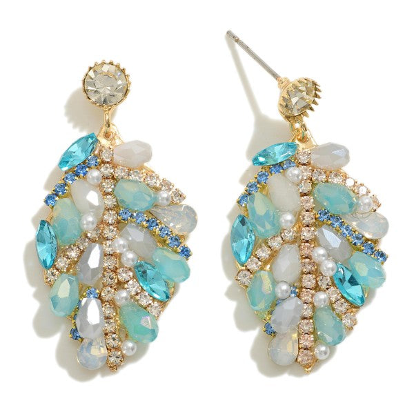 Rhinestone & Beaded Leaf Drop Earrings