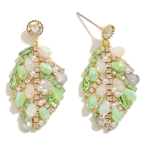 Rhinestone & Beaded Leaf Drop Earrings