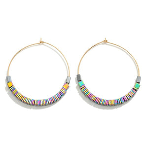 Metallic Square Beaded Drop Hoop Earrings