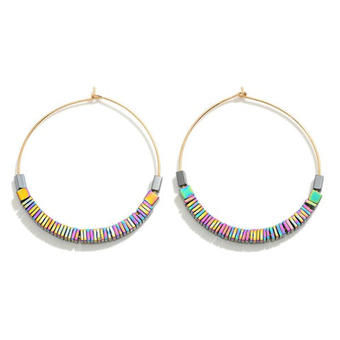 Metallic Square Beaded Drop Hoop Earrings