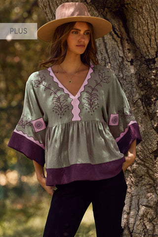 Oddi - Plus Color Block Airflow Oversized Peasant Blouse: Grey Combo / Plus Size / 2XL