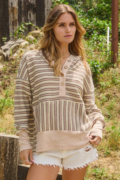 Oddi - Textured Striped Jacquard Hooded Sweatshirt : Ivory Multi / M