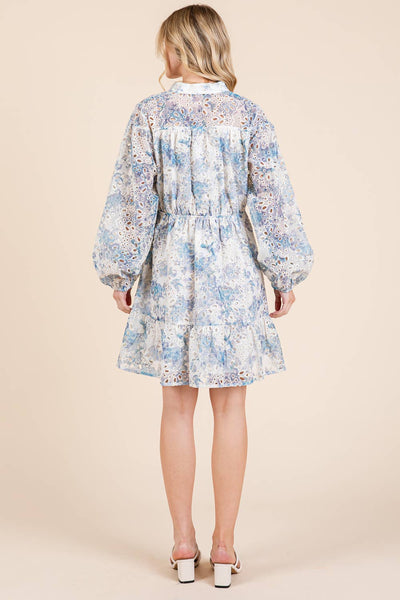 GeeGee Clothing - Floral Eyelet Lace Mini Shirt Dress, OD50845: Blue Multi / L