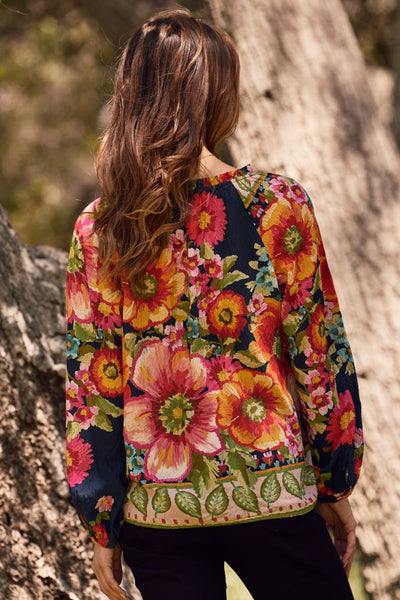 Oddi - Floral Border Printed Blouse: Navy Multi / L