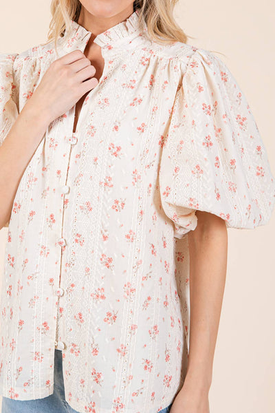 GeeGee Clothing - Plus Floral Eyelet Lace Button Up Blouse, MT51253PL: Cream/Coral / 3XL