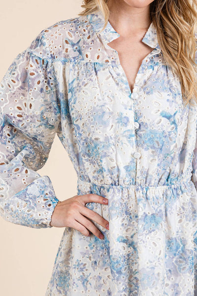 GeeGee Clothing - Plus Floral Eyelet Lace Mini Shirt Dress, OD50845PL: Blue Multi / 1XL