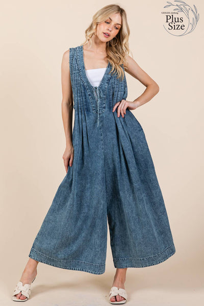 GeeGee Clothing - Plus Denim Pleated Jumpsuit, OR51131PL: Denim / 2XL