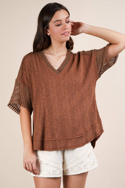 VERY J - NT12088-Oversized Contrast Knit Comfy Casual Top: IVORY / S-M-L/2-2-2