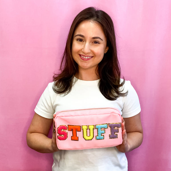 Natalia - Preppy Nylon Chenille Letter Travel Makeup Pouch - STUFF