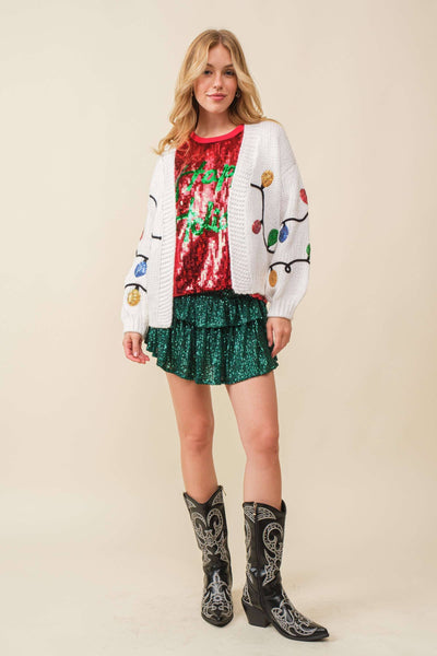 Main Strip - Christmas Sequin Light Cardigan: WHITE / L