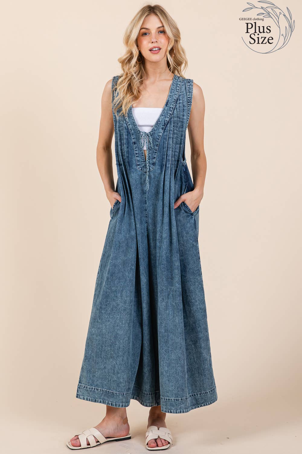GeeGee Clothing - Plus Denim Pleated Jumpsuit, OR51131PL: Denim / 1XL