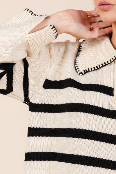 GeeGee Clothing - Stripe Knit Sweater Mini Dress, OD51022: Cream / M