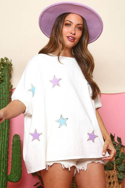Fantastic Fawn - Star Patch Knit Top with a Round Neckline, Short Sleeves: S / BLACK