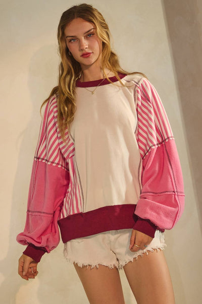 Oddi - Polar Fleece Color Block Sweatshirt: Pink Combo / L