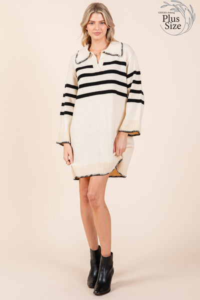 GeeGee Clothing - Plus Stripe Knit Sweater Mini Dress, OD51022PL: Cream / 3XL