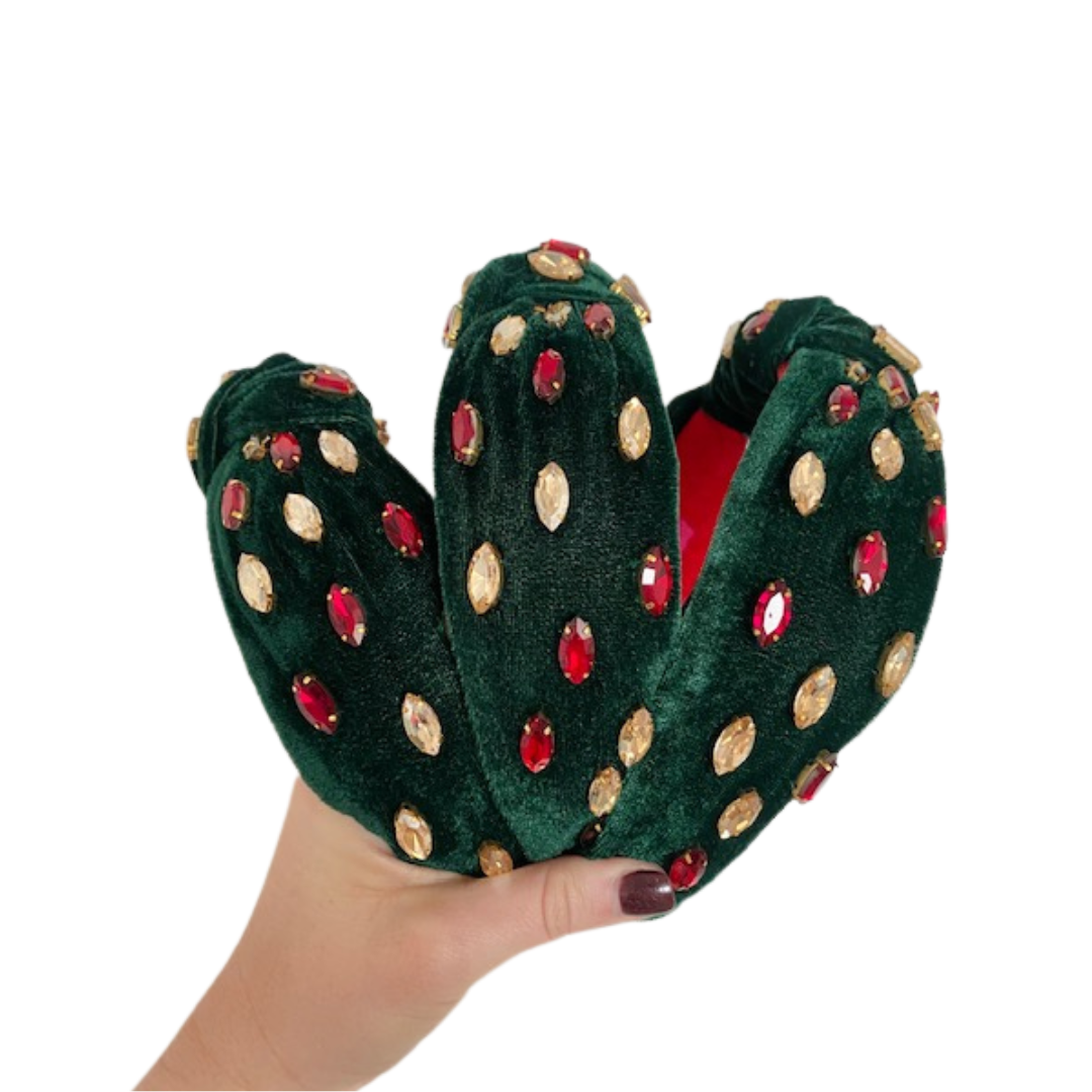 Golden Lily - Christmas Headband Knot - Rhinestone Velvet - Green