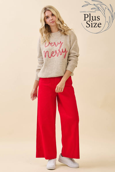 GeeGee x Lovelo - Plus 'Very Merry' Knit Sweater CT52386PL: Taupe / 1XL