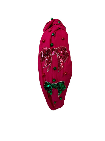 Golden Lily - Christmas Headband Knot - Sequin Bows - Pink & Green