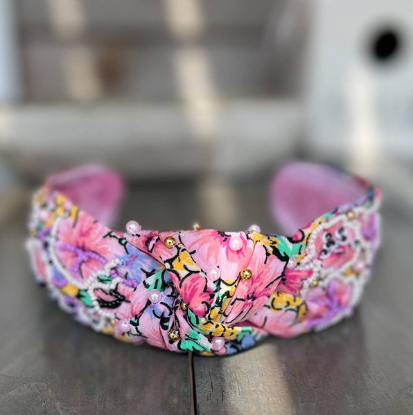 OBX Prep - Purple Pink Floral Seed Beaded Top Knot Handmade Headband