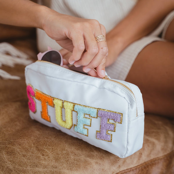 Natalia - Preppy Nylon Chenille Letter Travel Makeup Pouch - STUFF