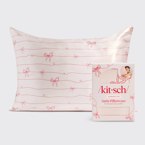 KITSCH - Holiday Satin Pillowcase in Striped Bows