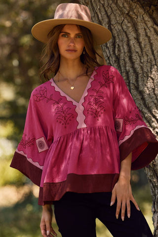 Oddi - Color Block Airflow Oversized Peasant Blouse: Fuchsia Combo / M