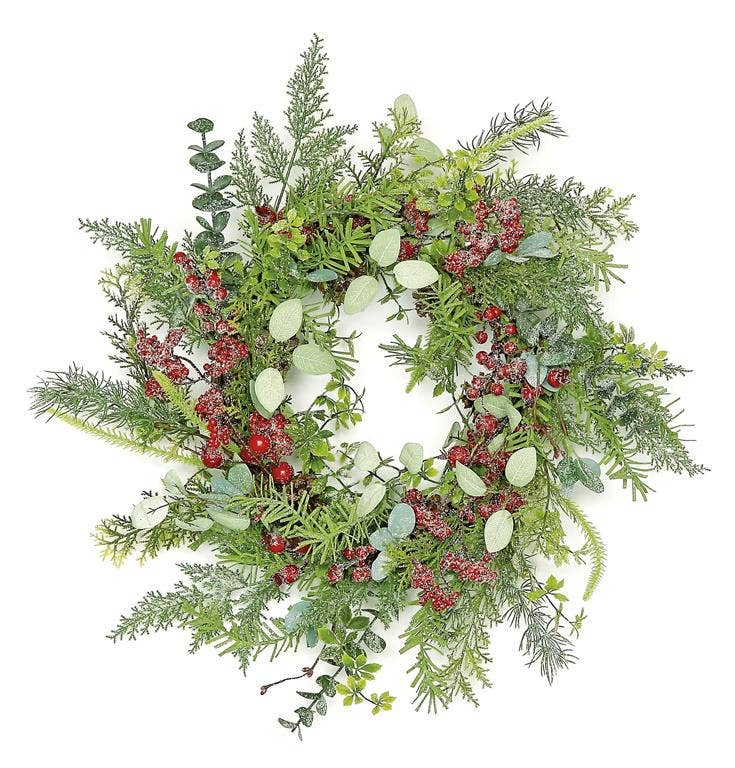 Select Artificials, Inc. - Mixed Greenery & Berry Wreath, 22", Frosty Green/Red