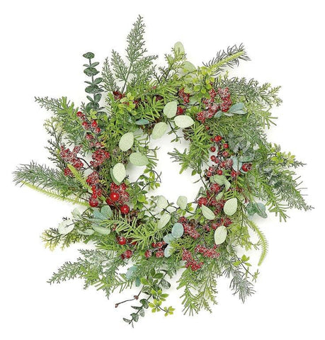 Select Artificials, Inc. - Mixed Greenery & Berry Wreath, 22", Frosty Green/Red
