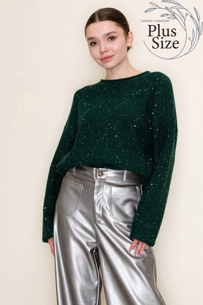 GeeGee x Lovelo - Plus Glitter Knit Sweater OT51787PL: Hunter Green / 2XL