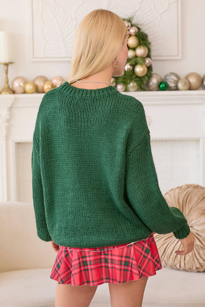 Main Strip - Christmas Sweater With Plaid Ribbon Bow Patch: HUNTER GREEN / L