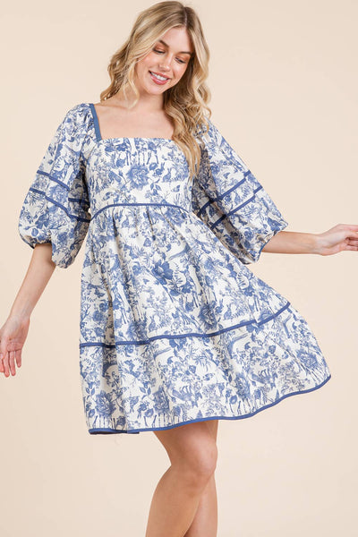 GeeGee Clothing - Plus Floral Tiered Mini Dress, MD51614PL: Cream/Blue / 1XL