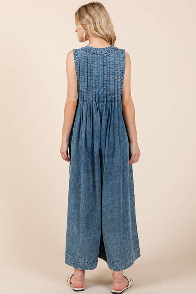 GeeGee Clothing - Denim Pleated Jumpsuit, OR51131: Denim / M