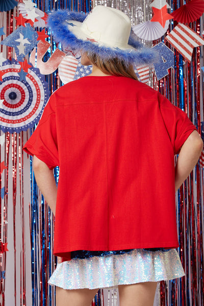 Fantastic Fawn - Sequin Star Patch Striped Tee: RED / S