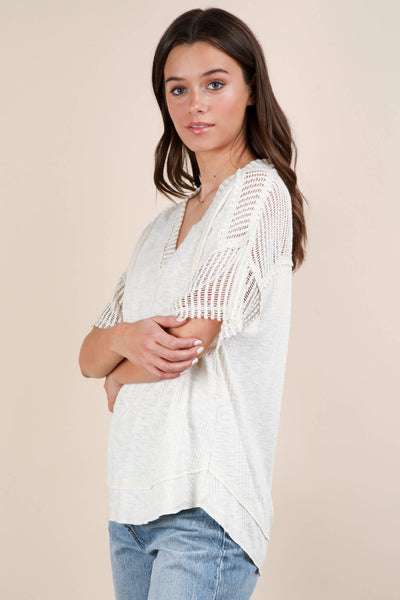 VERY J - NT12088X-PLUS SIZE Oversized Contrast Knit Comfy Casual Top: IVORY / 1XL-2XL-3XL/3-2-1
