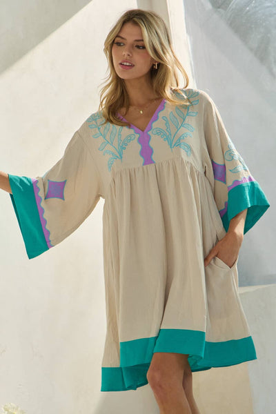 Oddi - Embroidered Plunge V Neck Mini Dress: Burgundy Combo / L