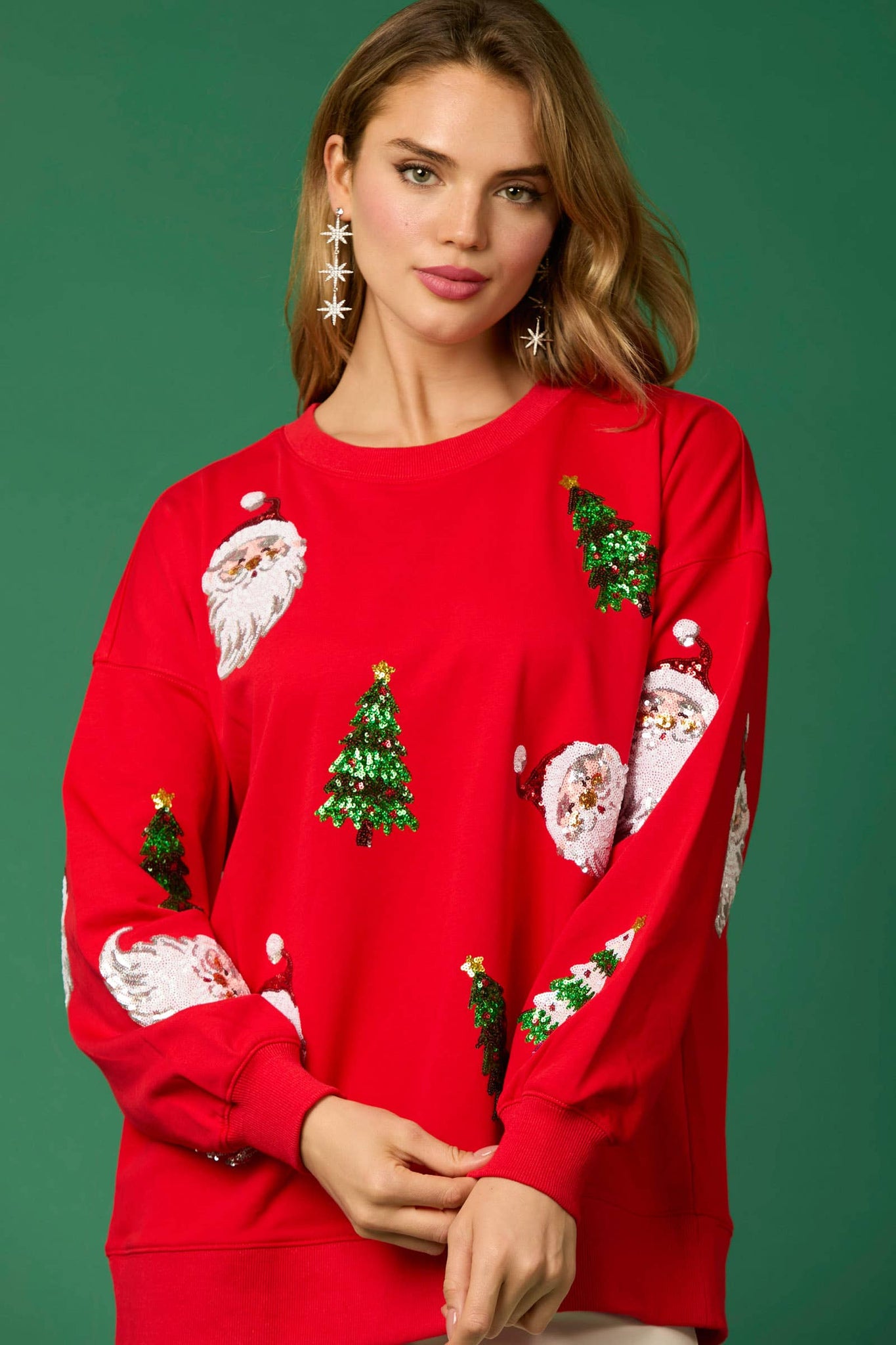 Fantastic Fawn - Santa & Xmas Tree Sequin Pull Over - Preorders: RED / L