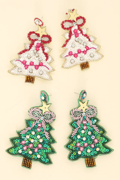 Sophia Collection - Christmas Tree Sequins Embroidered Earrings : White