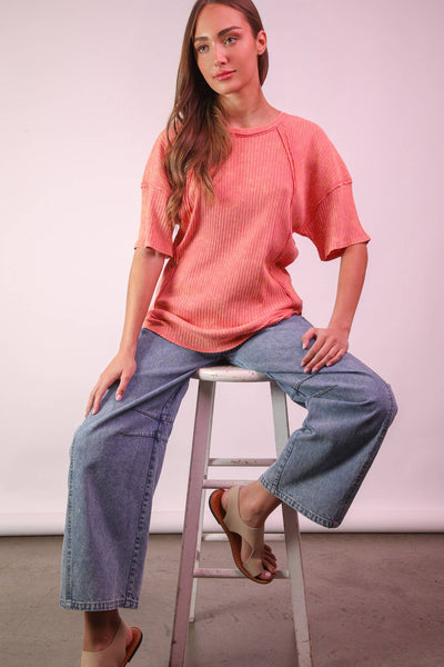 VERY J - NT12086-Mineral Washed Oversized Ribbed Knit Casual Top: BLACK / S-M-L/2-2-2